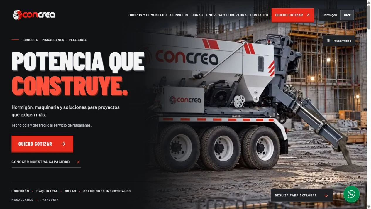 Web publicada de CONCREA con su identidad, presentación industrial y navegación a equipos, servicios, obras y contacto.