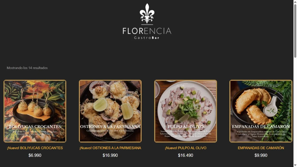 Carta publicada de Florencia Gastrobar con catorce resultados y productos de Snack Bar, fotografías y precios.